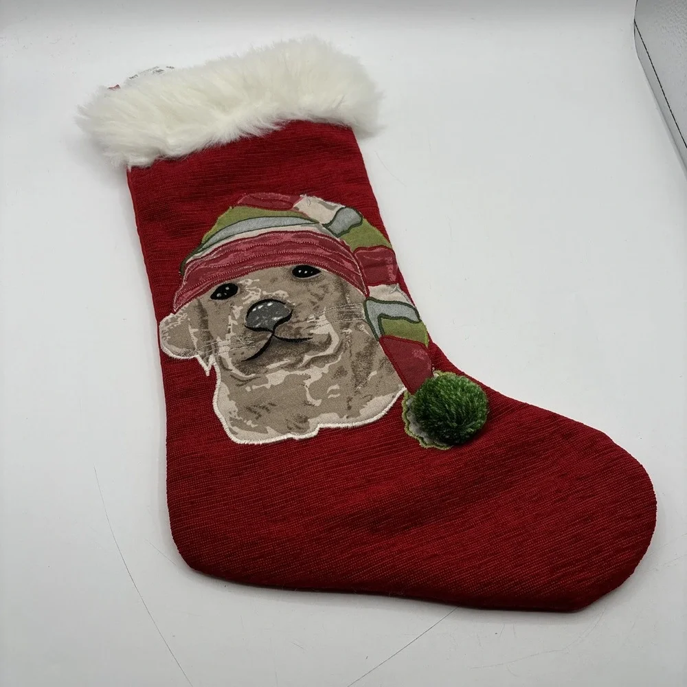 Pier 1 Christmas Stockings BNWT Red‎ White Fleece Embroidered Dogs Set of 4